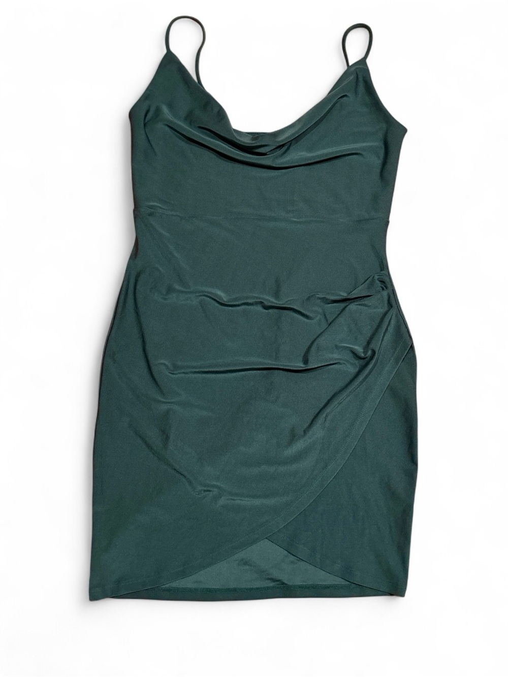 E.L.H. Studio Emerald Green Satin Cowl Neck Tulip Hem Mini Dress Size L